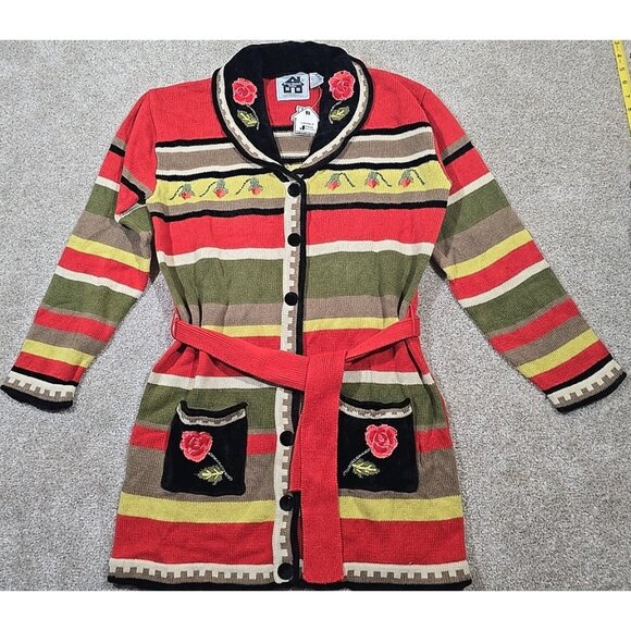 Storybook Knits Sweaters - Storybook Knits Sweater Desert Rose Long Belted Floral Stripes Pockets Women's M
